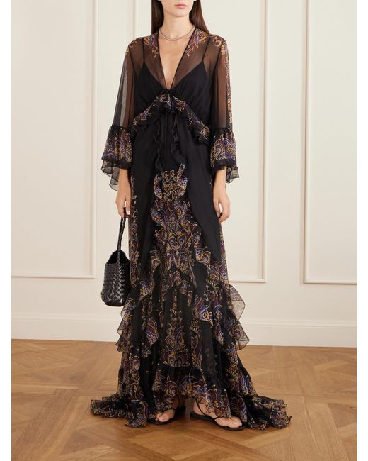 Etro Black Ruffled Paisley-Print Silk-Chiffon Gown