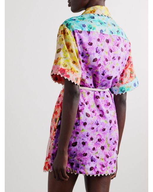 Zimmermann Pink Lightburst Belted Crochet-Trimmed Floral-Print Cotton Mini Shirt Dress