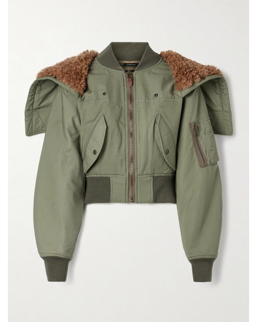 R13 Green Cropped Fleece-Trimmed Padded Cotton-Blend Shell Bomber Jacket