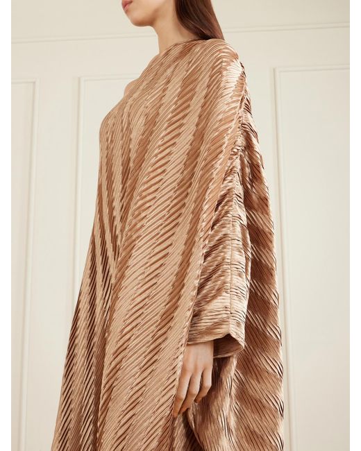 ‎Dima Ayad Natural One-Shoulder Plissé-Satin Gown