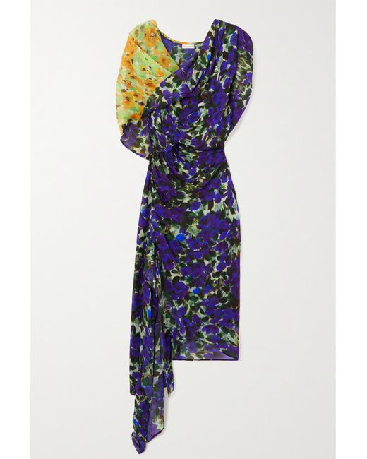 Dries Van Noten Asymmetric Draped Floral-print Chiffon Dress in Blue | Lyst