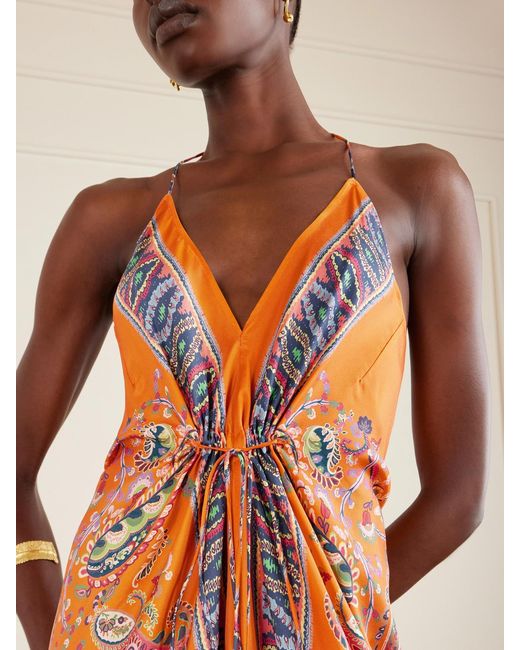 Etro Orange Paisley-Print Silk-Twill Halterneck Maxi Dress