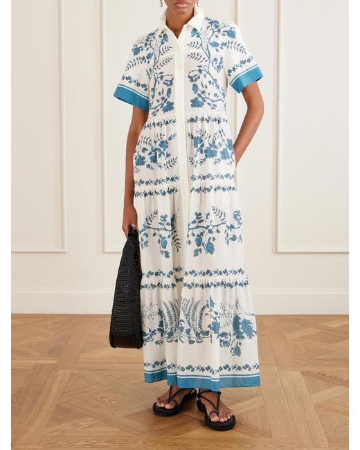 Erdem Blue Floral-Print Cotton And Linen-Blend Midi Dress