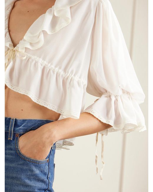 Chloé Natural Lace-Trimmed Ruffled Silk-Georgette Blouse
