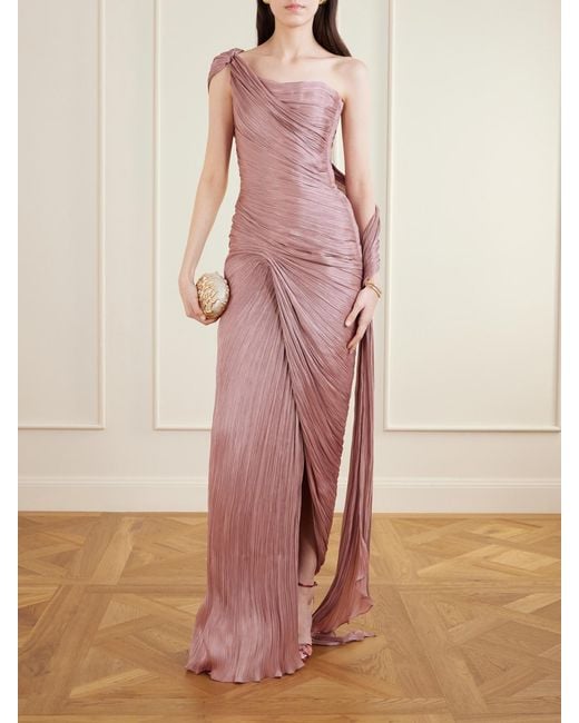 Marmar Halim Pink One-Shoulder Plissé Chiffon Gown