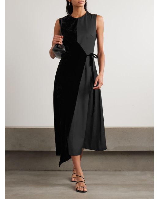Abadia Black Asymmetric Velvet And Wool-Blend Twill Wrap Midi Dress
