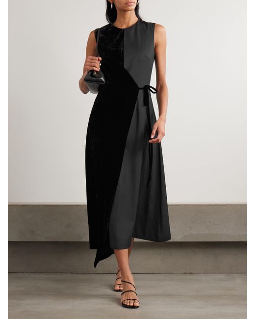 Abadia Black Asymmetric Velvet And Wool-Blend Twill Wrap Midi Dress
