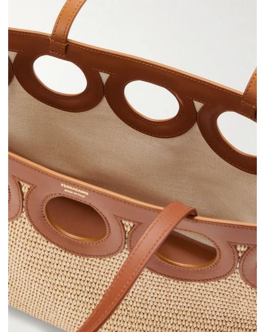 Ferragamo Natural Tt Gancio Small Leather-Trimmed Raffia Tote Bag