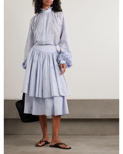 Thierry Colson Blue Constance Gathered Tiered Embroidered Cotton-Voile Midi Skirt