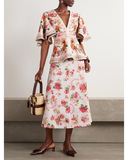 Mary Katrantzou Pink Etta Floral-Print Cotton-Poplin Midi Skirt