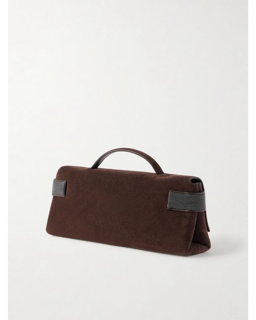 Brunello Cucinelli Brown Bead-Detailed Suede Clutch