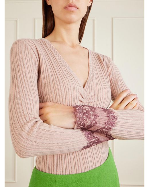 Valentino Garavani Pink Lace-Trimmed Ribbed Cashmere Sweater