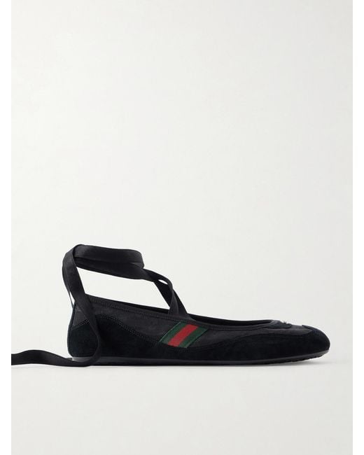 Gucci White Embellished Webbing-Trimmed Canvas And Suede Ballet Flats
