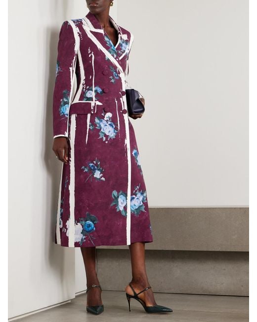 Erdem Purple Doppelreihiger Mantel Aus Satin Mit Blumenprint