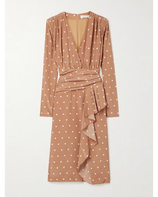 Alessandra Rich Natural Midikleid Aus Crêpe De Chine Aus Seide Mit Polka-Dots Und Raffungen