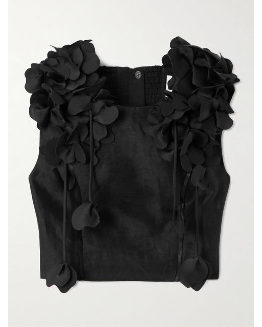 Aje. Black Camille Cropped Appliquéd Linen-Blend Tank