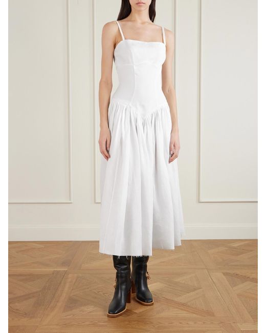 Gabriela Hearst White Oriana Open-Back Gathered Linen Midi Dress