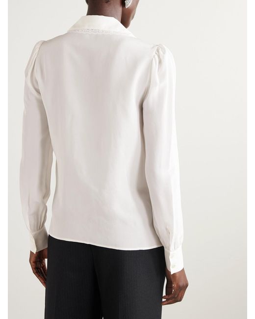 Alessandra Rich Natural Lace-Trimmed Pintucked Silk-Chiffon Blouse