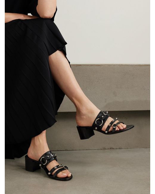 サンダル・ミュール BALENCIAGA Grape Leather City Slippers Balenciaga City Embellished Crinkled-Leather Mules in Black