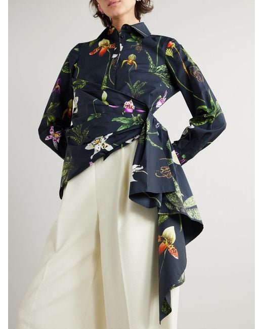 Oscar de la Renta Blue Asymmetric Floral-Print Cotton-Blend Poplin Shirt