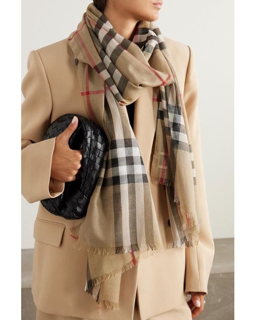 Burberry Fringed Checked Wool And Silk-blend Scarf in Natural | Lyst