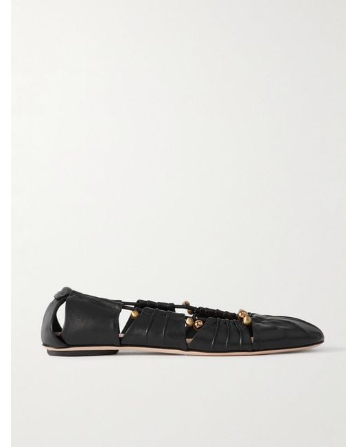 Chloé Black Luna Cut-Out Embellished Gathered Leather Ballet Flats