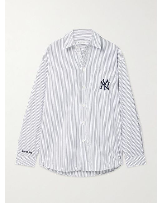 Sporty & Rich White New York Yankees Serif Embroidered Striped Cotton-Poplin Shirt