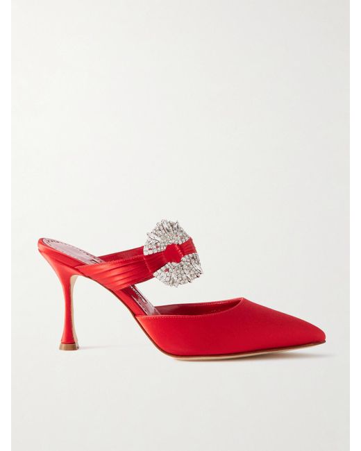 Manolo Blahnik Red Maidugura 90 Mules Aus Satin Mit Kristallen