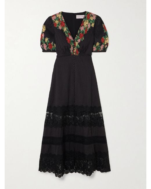 Saloni Black Lea Lace-Trimmed Floral-Print Pintucked Cotton-Voile Midi Dress