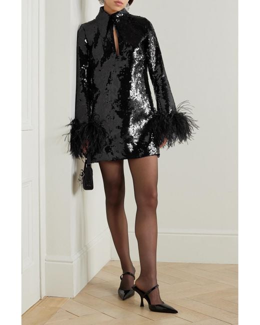 16Arlington Black Michelle Feather-Trimmed Sequined Crepe Mini Dress