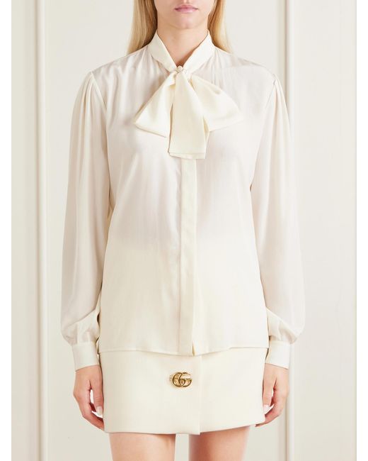 Gucci Natural Pussy-Bow Silk Crepe De Chine Blouse