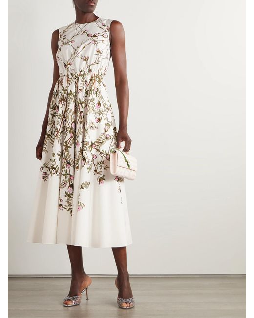 Giambattista Valli White Pleated Floral-Print Cotton-Poplin Midi Dress