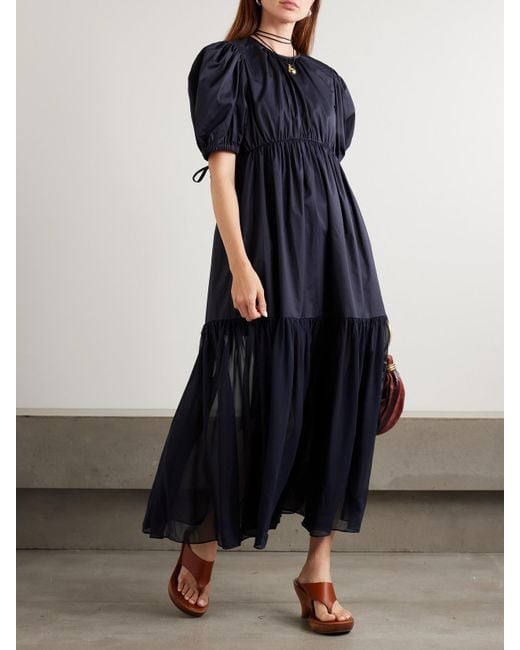 Ulla Johnson Blue Collage Gathered Cotton-Poplin And Silk-Georgette Midi Dress