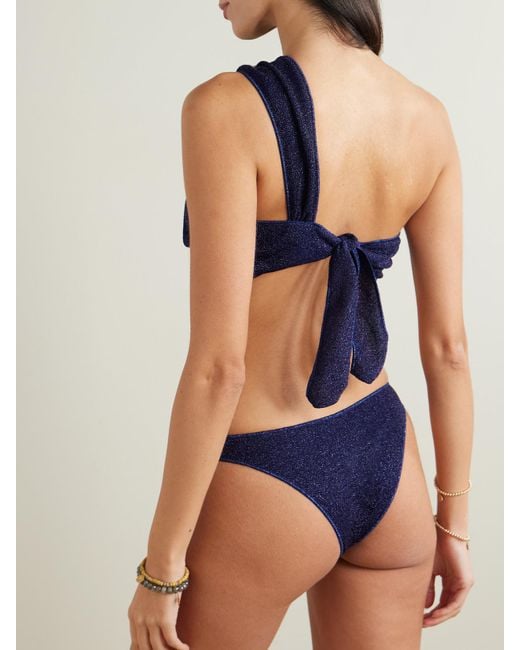 Oseree Blue Lumière Maxi O One-Shoulder Embellished Metallic Bikini
