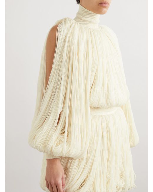 Alaïa Natural Fringed Wool-Blend Turtleneck Top