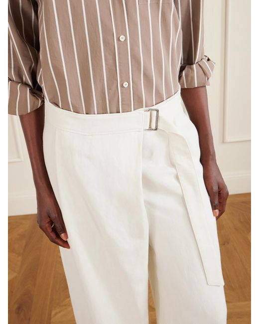 Brunello Cucinelli White Belted Pleated Twill Wide-Leg Pants