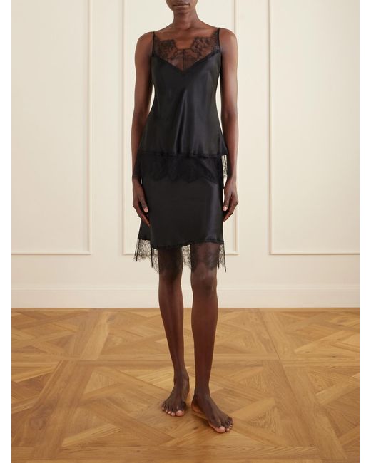 Carine Gilson Black Lace-Trimmed Silk-Satin Midi Skirt