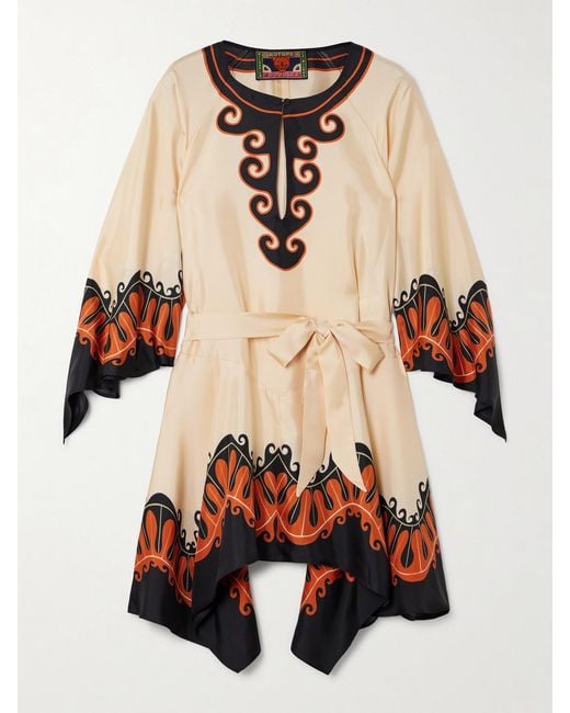 LaDoubleJ Natural Mother Malibu Belted Printed Silk Mini Dress