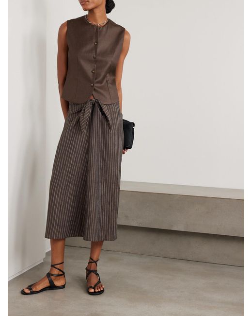Abadia Gray Tie-Detailed Pinstriped Linen-Blend Midi Skirt