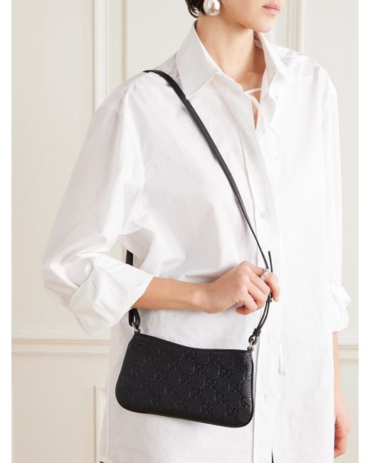 Sac Porté Épaule En Cuir Texturé Gaufré Gg Emblem Mini Gucci en coloris White