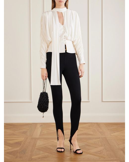 Self-Portrait Natural Tie-Detailed Gathered Stretch-Jersey Blouse