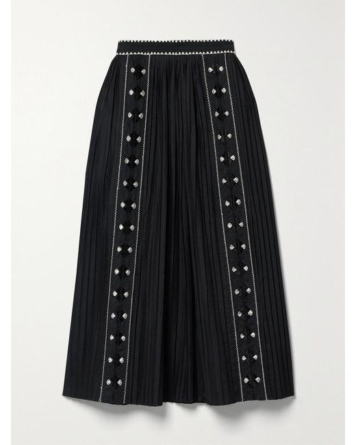 Ulla Johnson Black Sabina Pleated Embroidered Cotton-Poplin Midi Skirt
