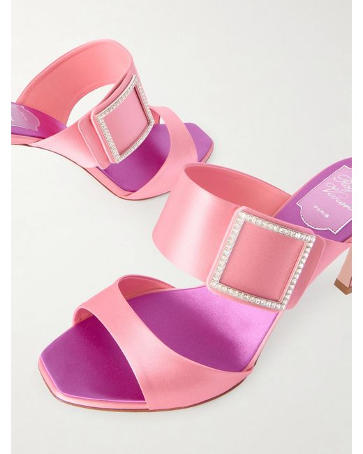 Roger Vivier Pink Trompette 85 Crystal-Embellished Satin Mules