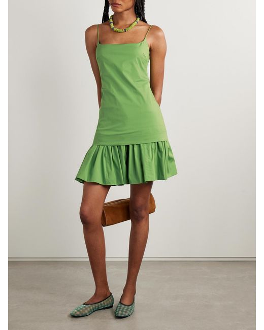 Staud Green Ari Gathered Cotton-Blend Poplin Mini Dress