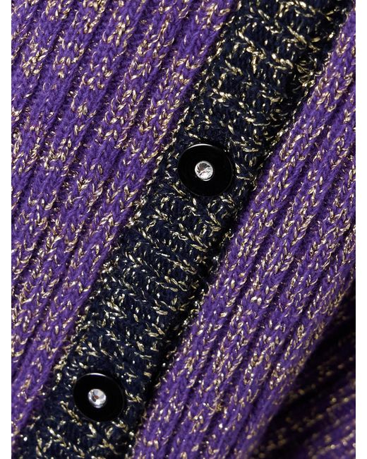 Valentino Garavani Purple Color-Block Metallic Ribbed Wool-Blend Cardigan