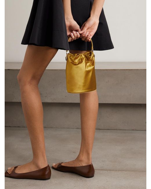 Staud Natural Lila Mini Leather-Trimmed Metallic Satin Bucket Bag