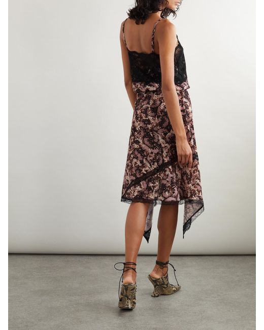 Dries Van Noten White Asymmetric Lace-Trimmed Printed Chiffon Midi Dress