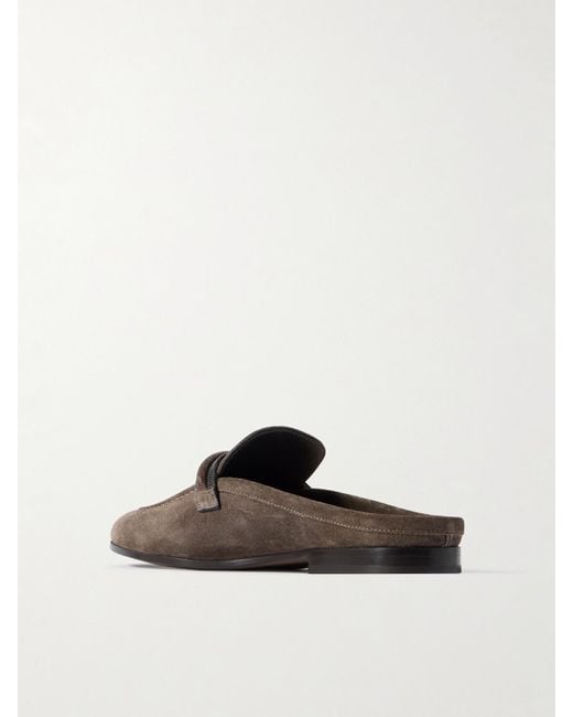 Brunello Cucinelli Brown Slippers Aus Veloursleder Mit Zierperlen