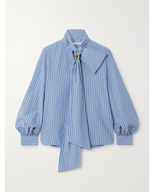 Max Mara Blue Embellished Striped Cotton-Blend Poplin Shirt