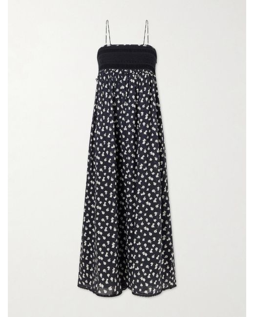 Posse White Danielle Floral-Print Lace-Trimmed Cotton Maxi Dress
